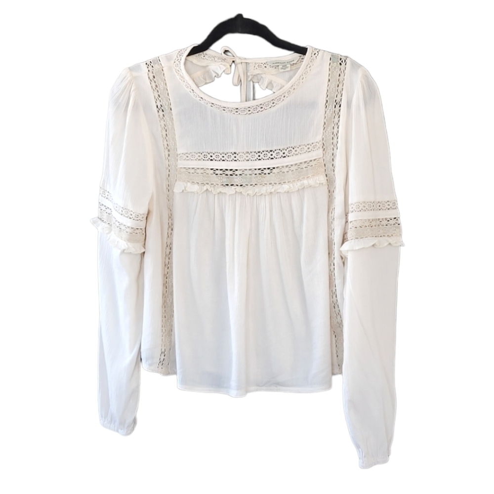 American Eagle Boho Cottagecore Lace Peplum Blouse M Cream Open Back Tie - Picture 2 of 9